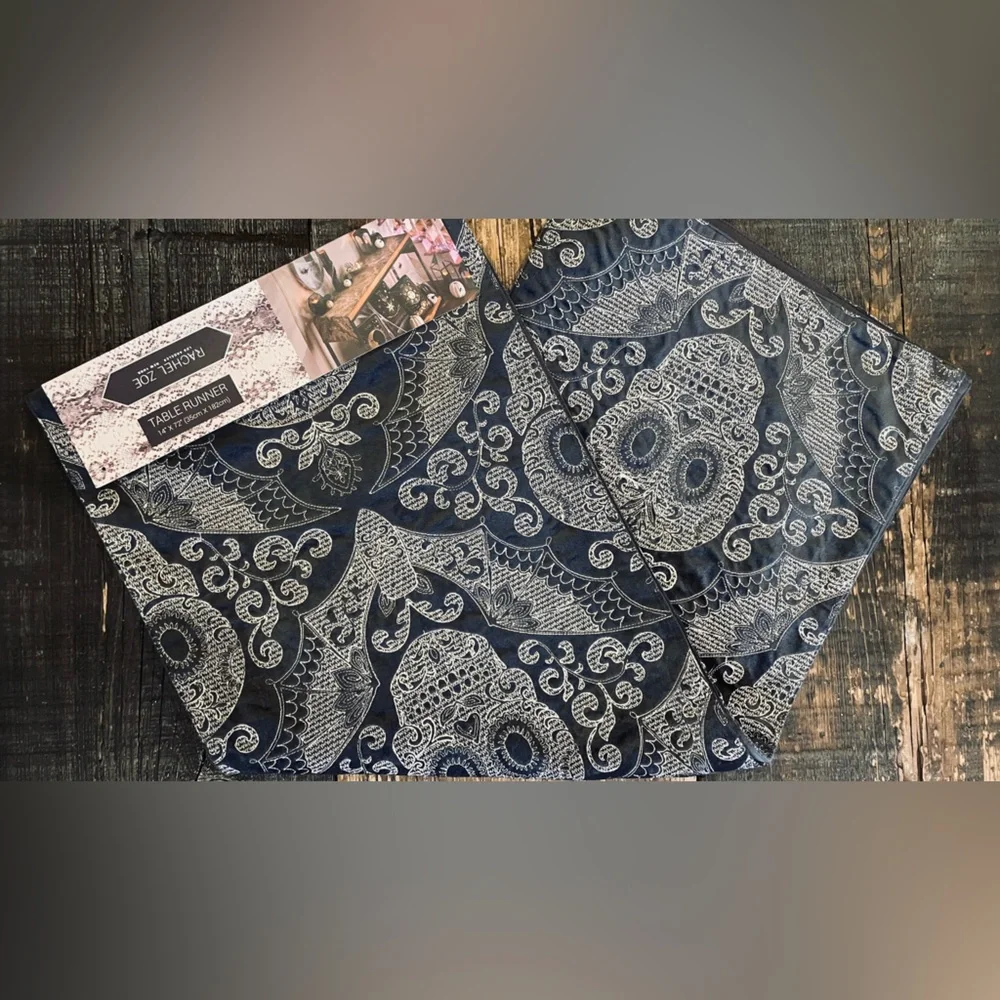 RACHEL ZOE Gothic Skull Bat Embroidered Design Table Runner 14” x 72” NWT